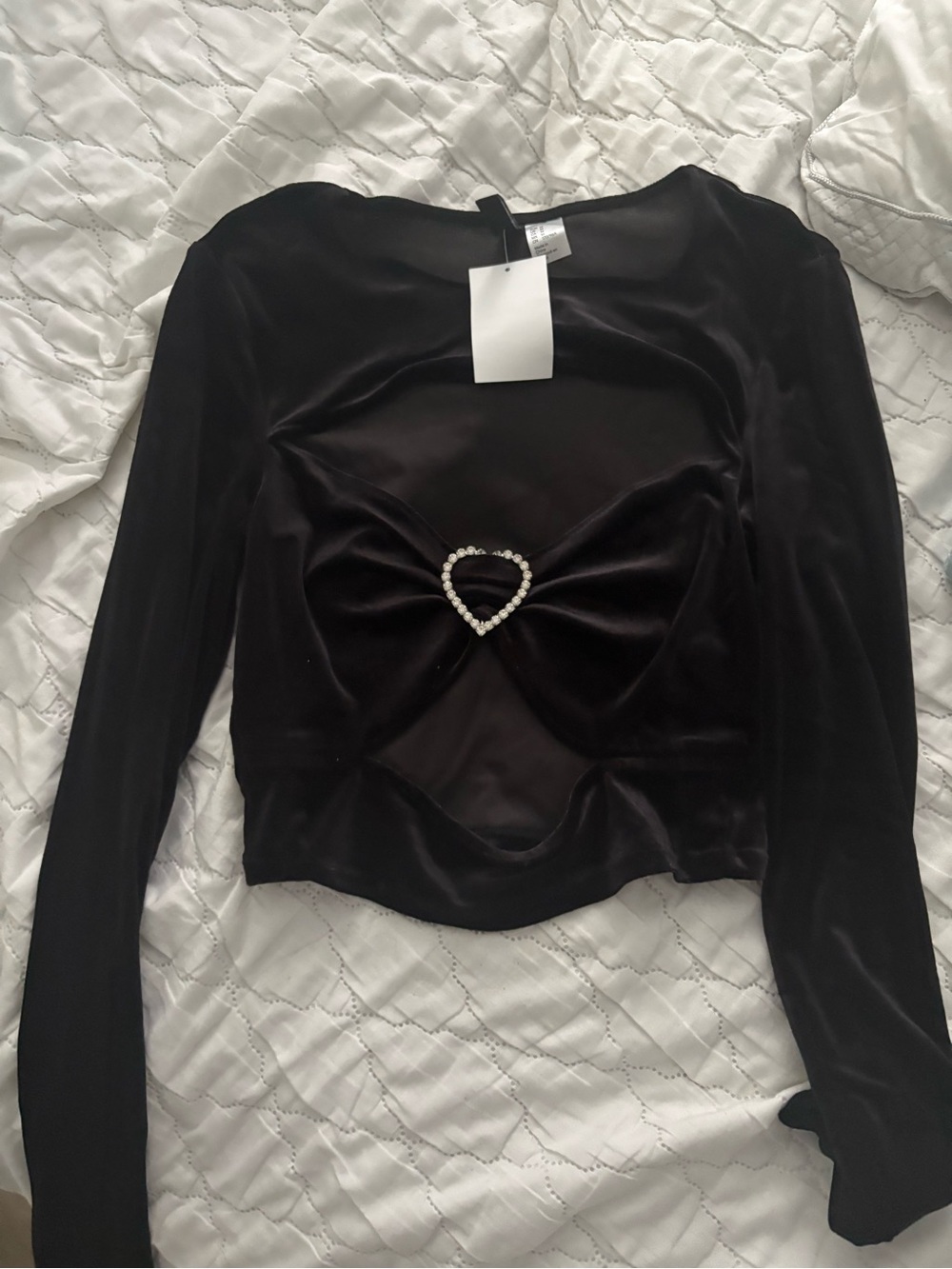 H&M Black Velvet Long-Sleeve Crop Top with Heart Accent